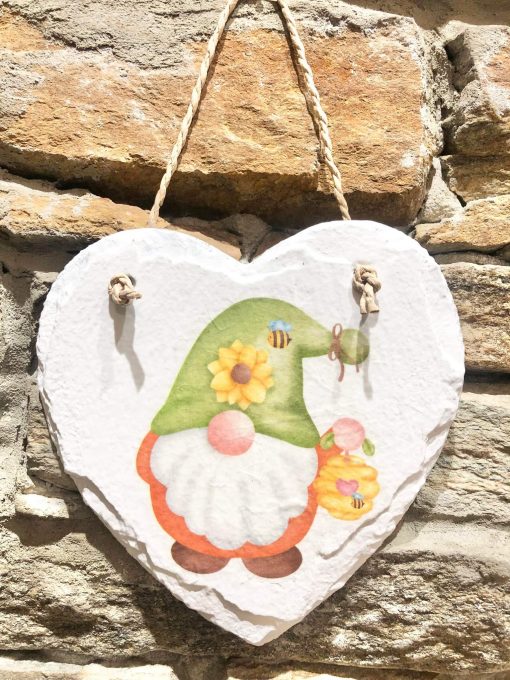 Decoupage Slate Heart Gnomlin Green Hat