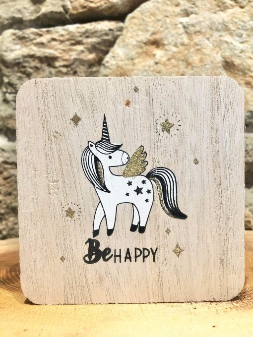 Be Happy Unicorn Wooden Block