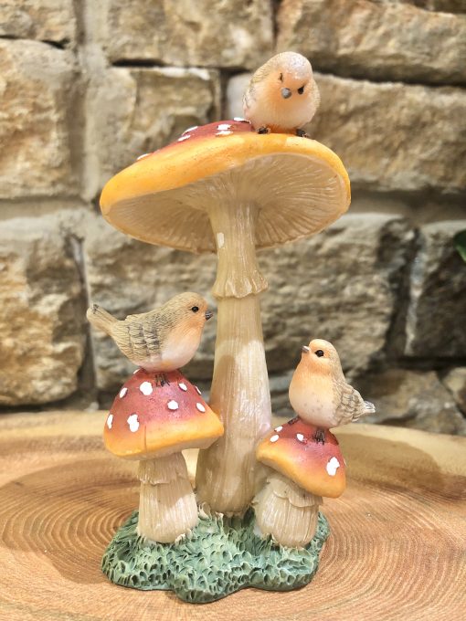 Triple Robins on Mushroom Ornament