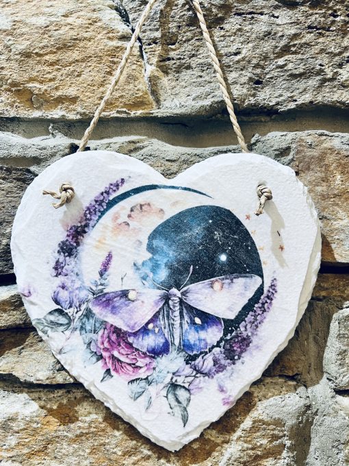 Decoupage Slate Heart Butterfly Moon Purple