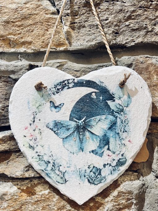 Decoupage Slate Heart Butterfly Moon Blue