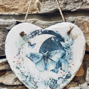 Decoupage Slate Heart Butterfly Moon Blue