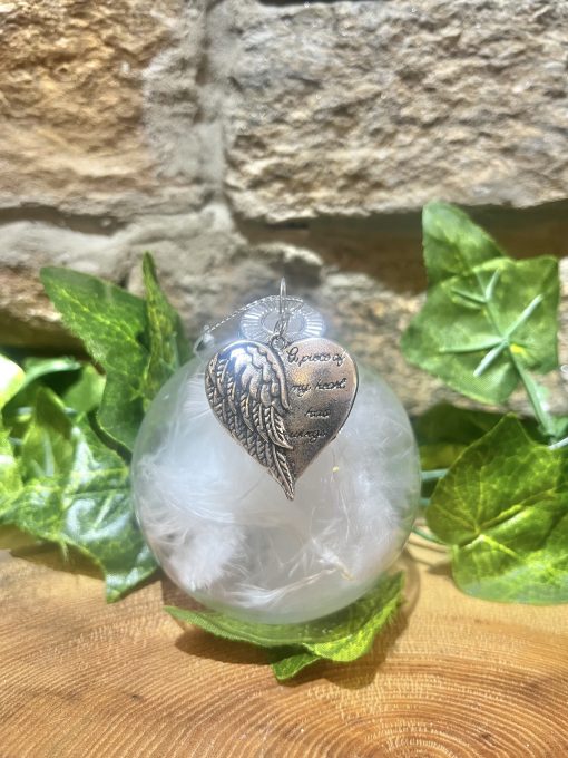 Feathers In Glass Bauble Piece of Heart Has Wings