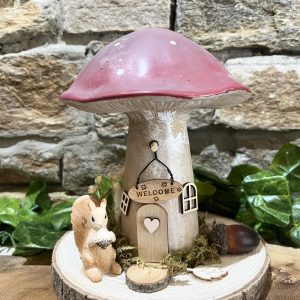 Red Mushroom Log Slice Fairy House Squirrel