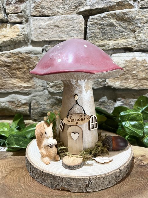 Red Mushroom Log Slice Fairy House Squirrel