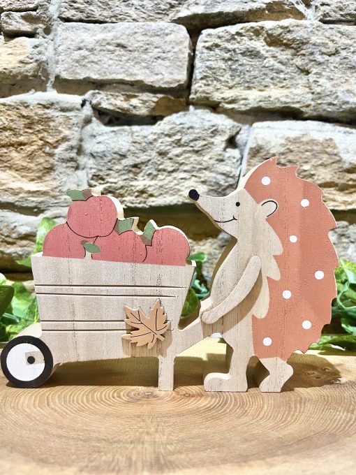 Wooden Hedgehog With Pumpkin Barrow
