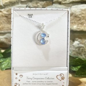 Sparkling Blue Cat On Moon Necklace