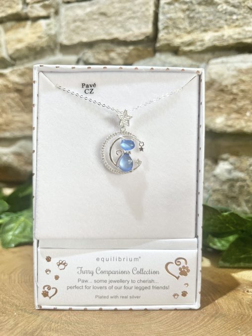 Sparkling Blue Cat On Moon Necklace