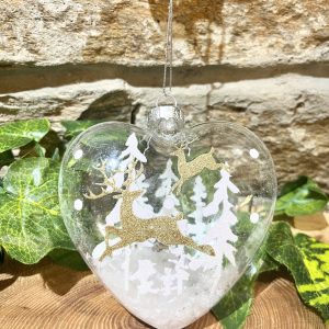Snowy Heart With Stag Glass Bauble