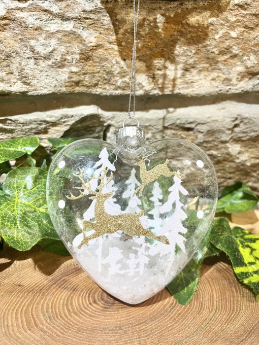 Snowy Heart With Stag Glass Bauble