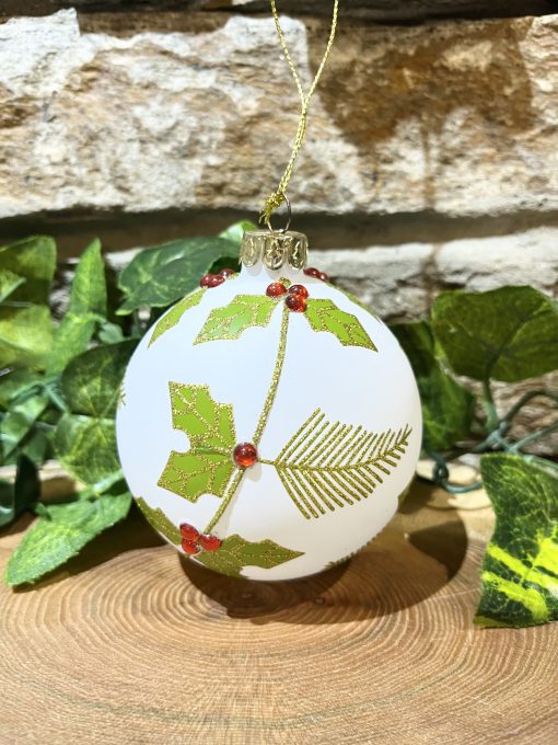 Glitter Holly Bauble White
