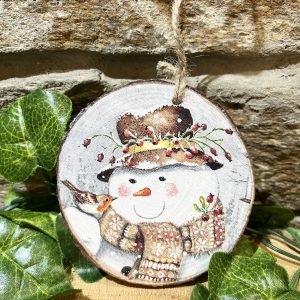 Hand Made Log Slice Hanger Snowman