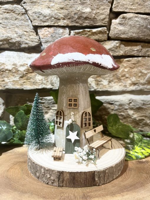 Red Mushroom Log Slice Fairy House Festive