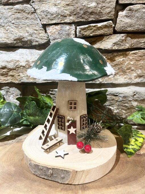 Green Mushroom Log Slice Fairy House Festive