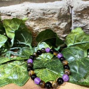 Amethyst Tiger Eye & Obsidian Beaded Bracelet